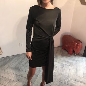 Black mini dress with long ribbon detail